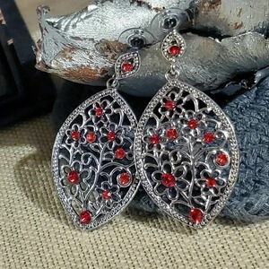 Vintage Marquise Red Rhinestone Silver Filigree Earrings
